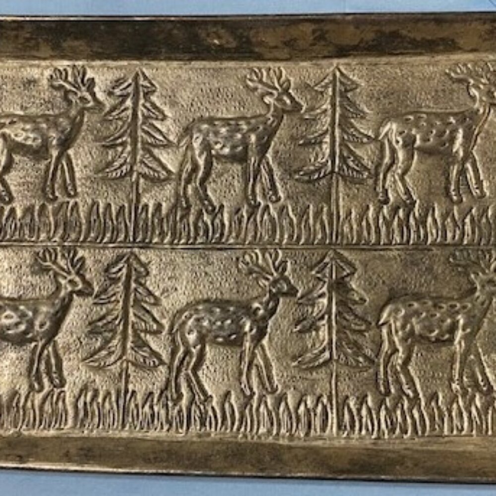 Vintage-style Silver Plate Tray Deer & Evergreen Trees Embossed Repousse